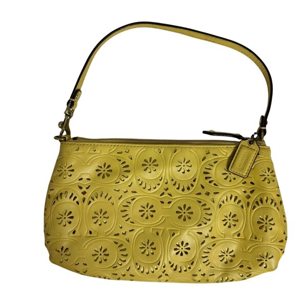 Coach Leather Daisy Eyelet Perforated Wristlet Bag Mini Marigold Yellow - Picture 2 of 10